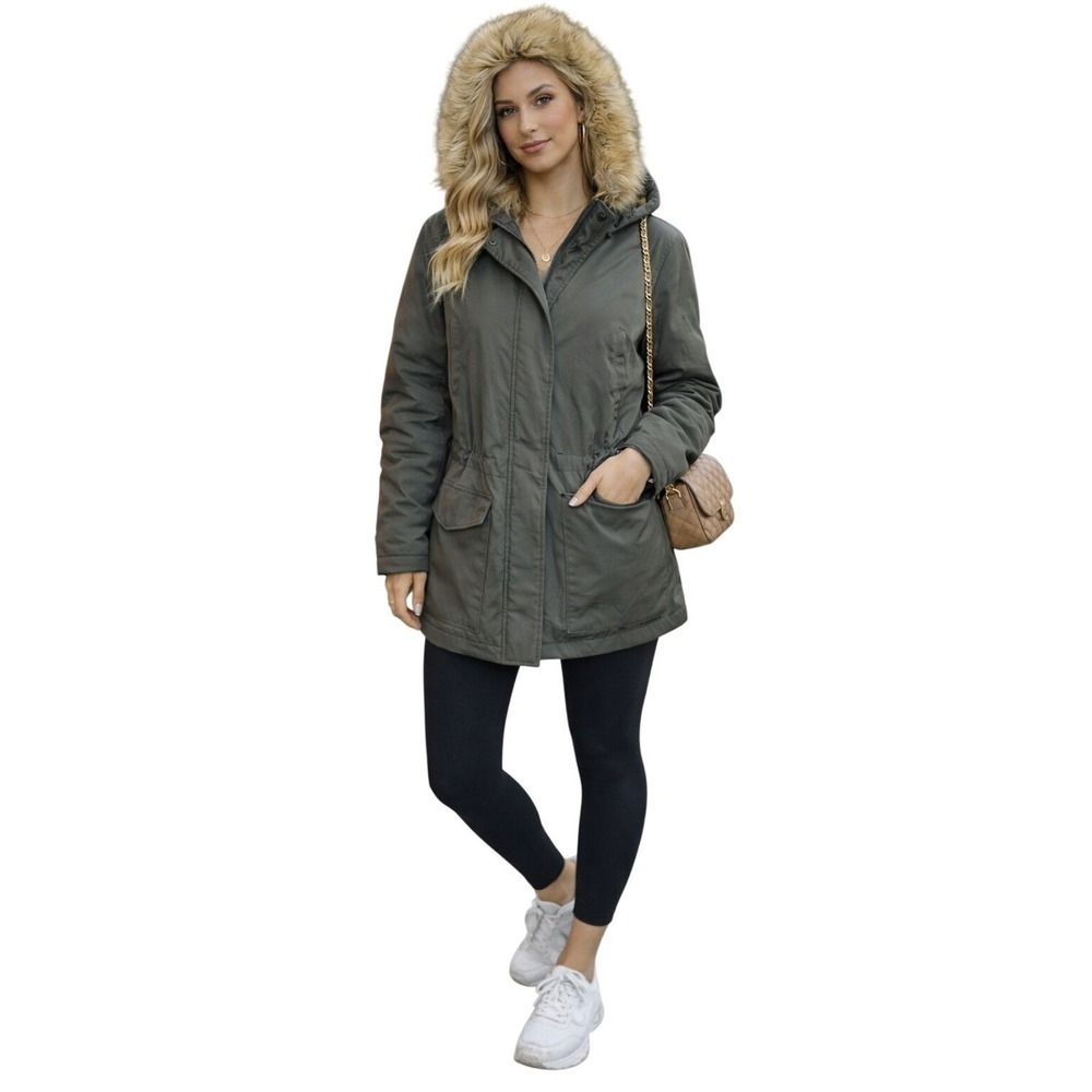 Levi's Sherpa Lined Utility Parka Jacket Olive Green Faux Fur Hood Size Large